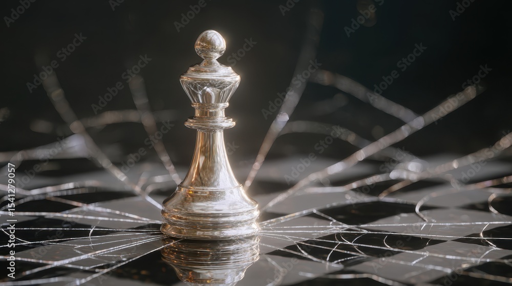 Aufkleber a silver chess piece stands prominently on a reflective surface, surrounded by delicate, web-like pa