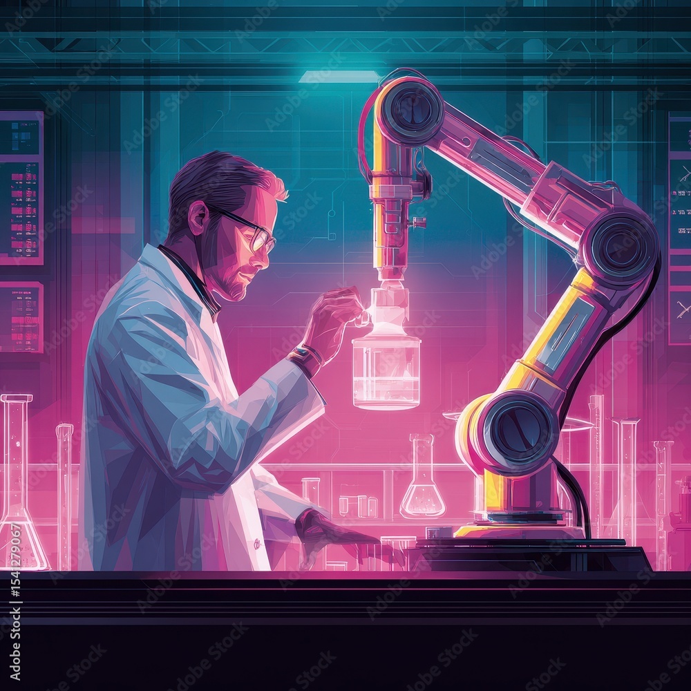 Poster a scientist interacts with a robotic arm in a vibrant, high-tech laboratory setting, showcasing the 