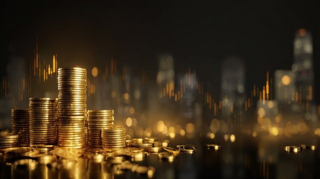 Golden coins stacked in a cityscape with glowing financial data overlay - Powered by Adobe