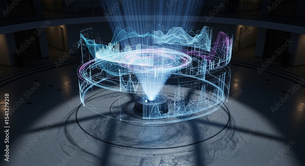 Poster holographic display with data visualization in a circular structure in a futuristic setting