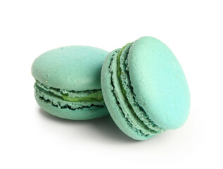 Sweet blue macaroons on white background