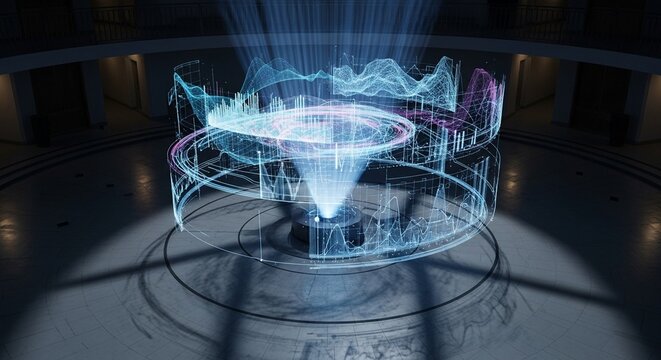Holographic display with data visualization in a circular structure in a futuristic setting