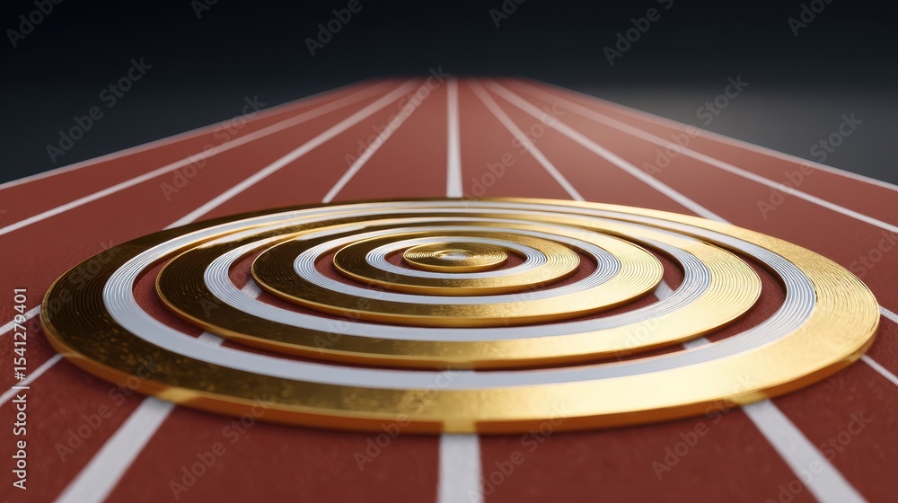 Poster a golden spiral sits on a red running track, emphasizing motion and competition in a visually striki