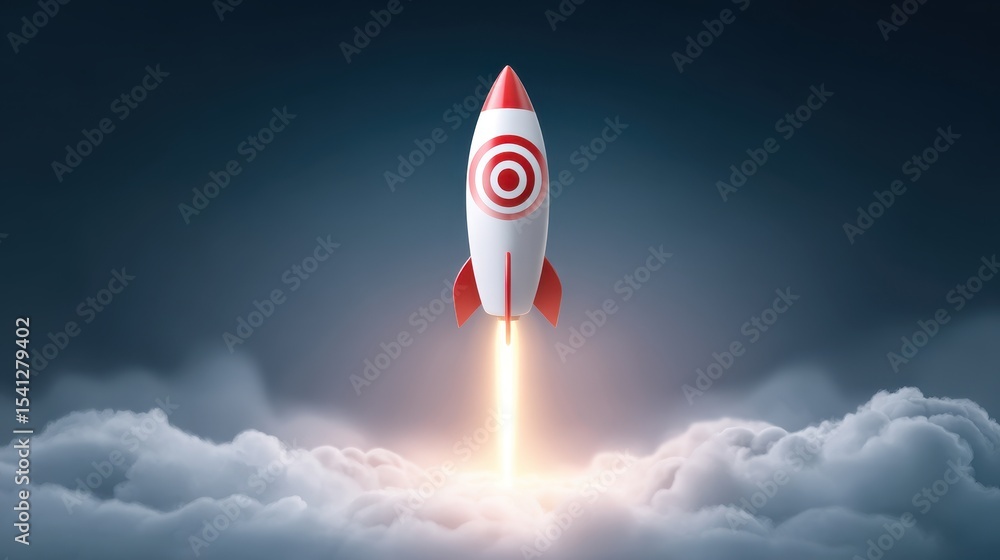 Poster a rocket with a target design launches through clouds, symbolizing ambition and progress.