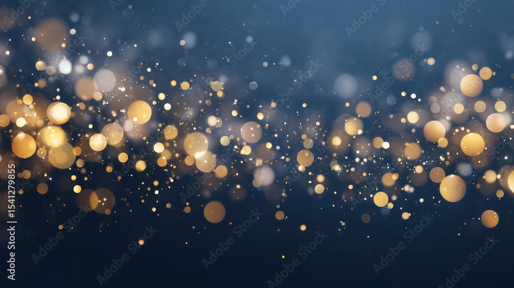 Poster a mesmerizing background of shimmering golden and white bokeh lights against a deep blue backdrop, c