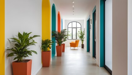modern office interior/ Empty hotel corridor with doors on both sides and soft indoor lighting