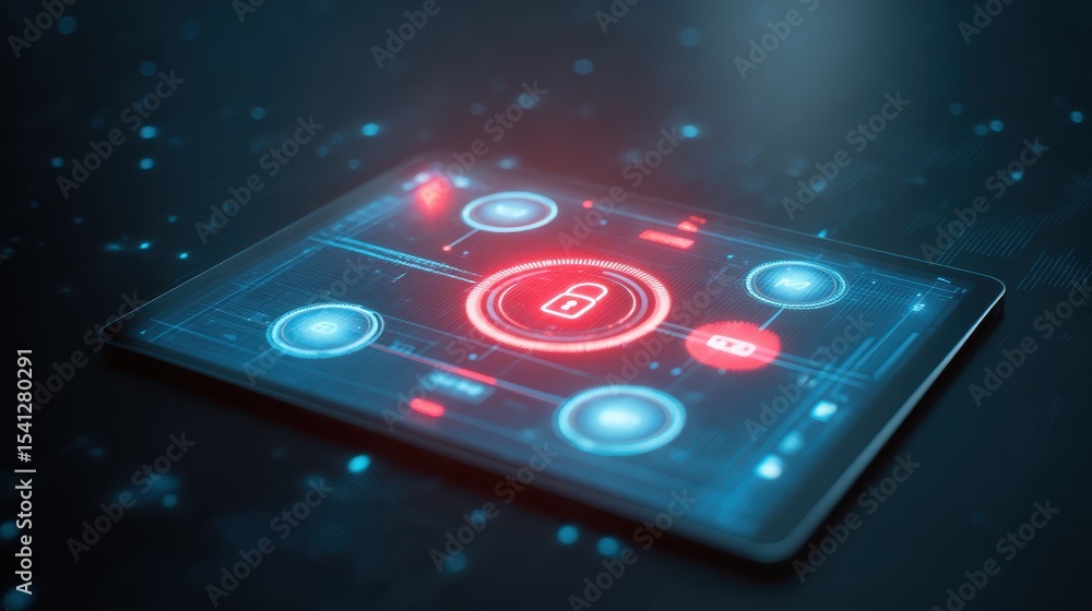 Poster futuristic tablet display showcasing digital security features with glowing icons and a lock symbol.