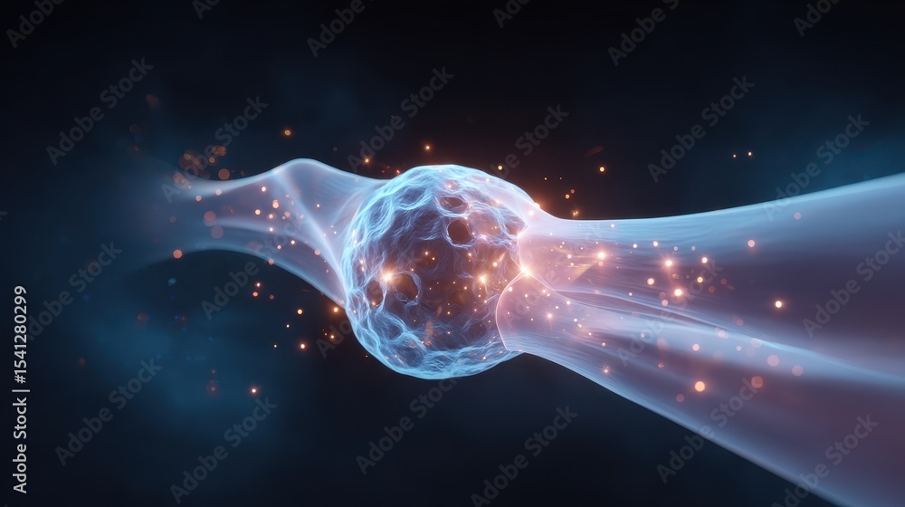 Poster abstract representation of a glowing cell with flowing energy waves, evoking a sense of movement and