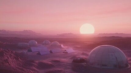 A stunning view of a futuristic settlement on another planet. The pink sky enhances the beauty of this imagined extraterrestrial landscape. Explore new worlds. Generative AI