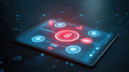 Futuristic tablet display showcasing digital security features with glowing icons and a lock symbol.