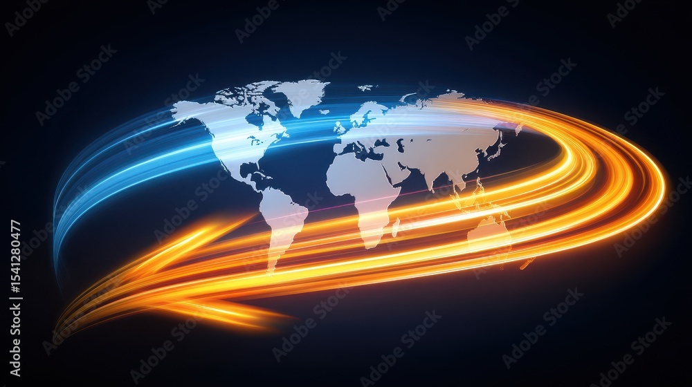 Poster a dynamic world map with vibrant light trails symbolizing global connectivity and movement.