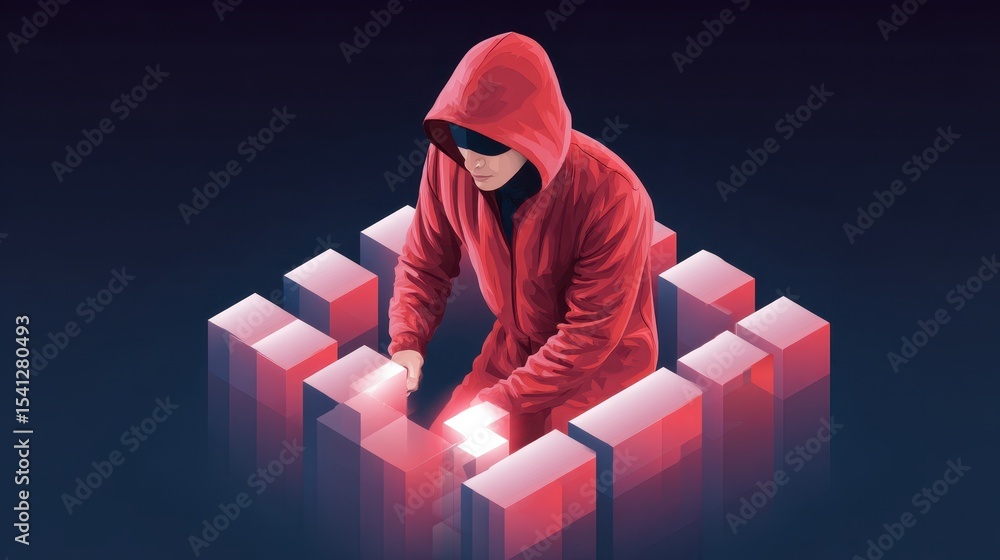 Poster a hooded figure manipulates blocks, creating a digital maze. the scene conveys themes of technology 