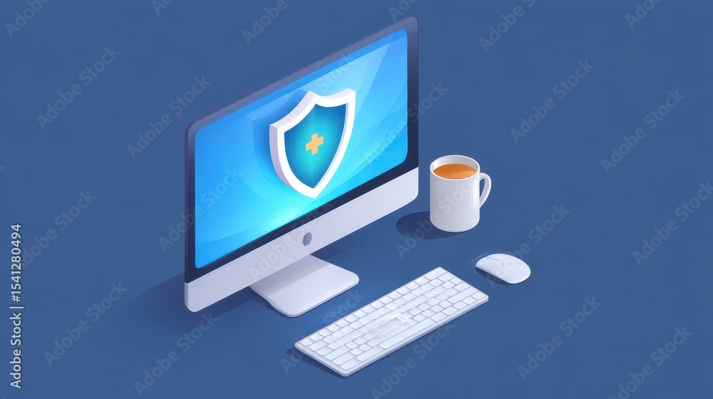 Aufkleber a computer monitor displays a security shield graphic, accompanied by a cup of coffee and a keyboard