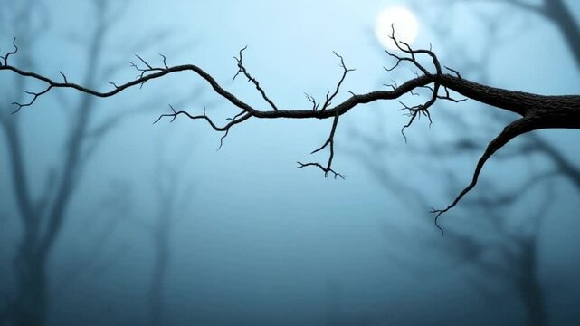 Eerie moonlit forest scene with bare branches silhouetted against a foggy backdrop