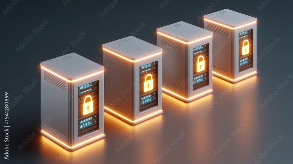 Poster four illuminated, secure storage boxes with padlock symbols, arranged neatly against a dark backgrou