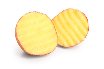 Slices of fresh raw potato on white background