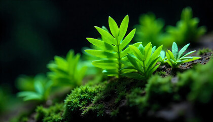 Close-up of lush green fern leaves in a forest