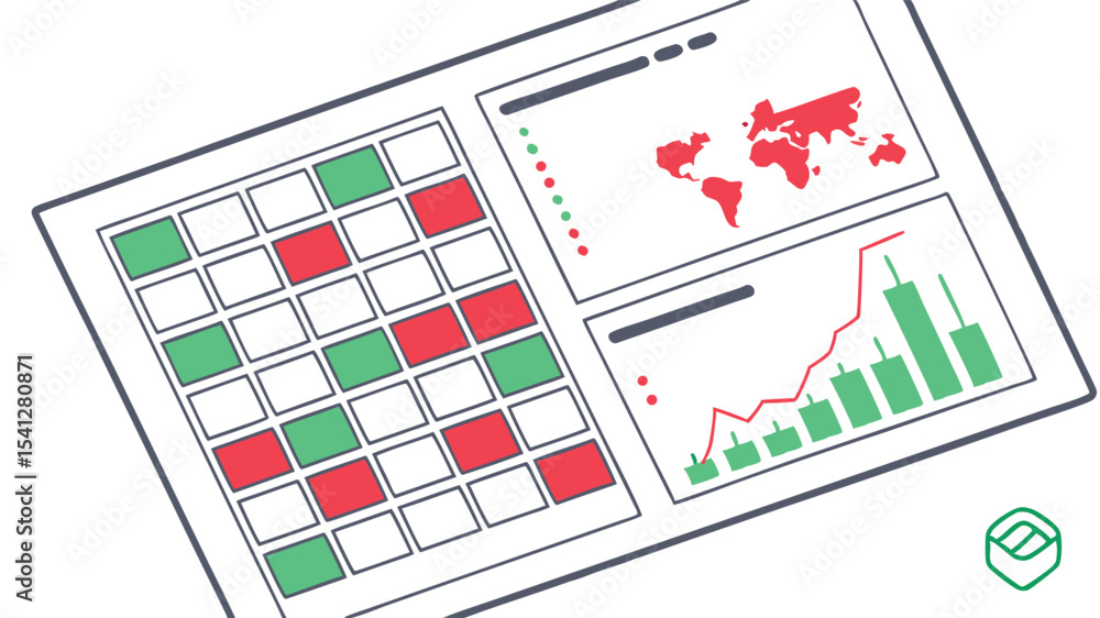 Poster illustration of a dashboard with a world map, stock chart, and calendar grid showing data analysis