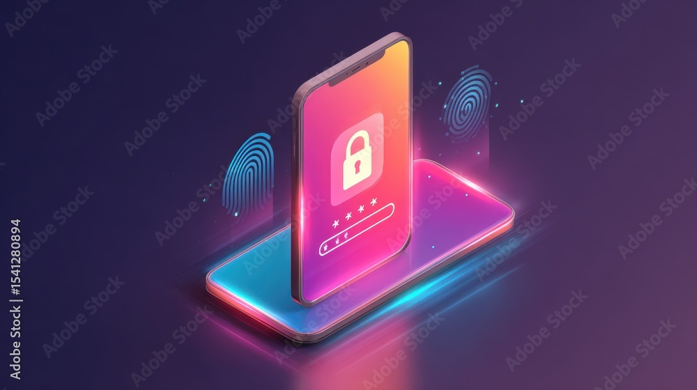 Poster digital illustration of a smartphone with a lock screen and fingerprint icons, representing security