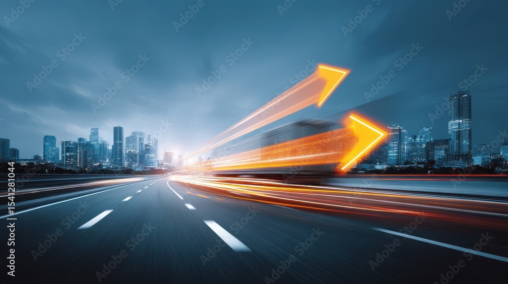 Poster dynamic cityscape with light trails and arrow graphics, symbolizing motion and progress on a highway
