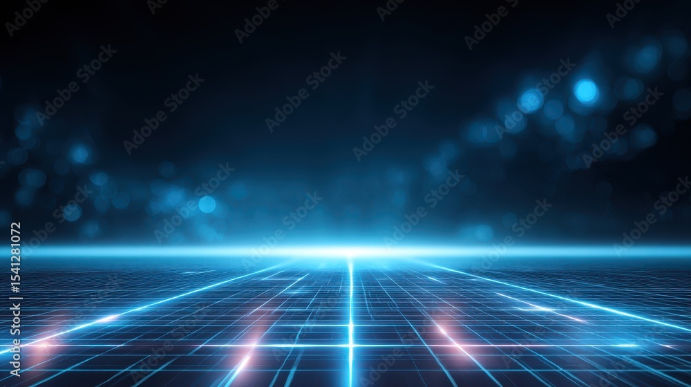 Poster futuristic digital landscape with a glowing grid and soft blue lights creating a sense of depth and 