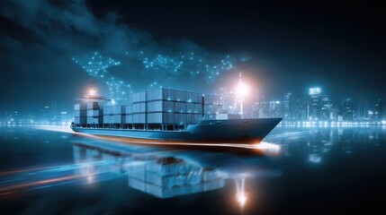 A modern cargo ship navigating through illuminated waters, surrounded by a city skyline, showcasing a blend of technology and transportation.