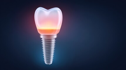 Implant design featuring a tooth shape atop a dental screw, set against a dark background, symbolizing modern dentistry and oral health.