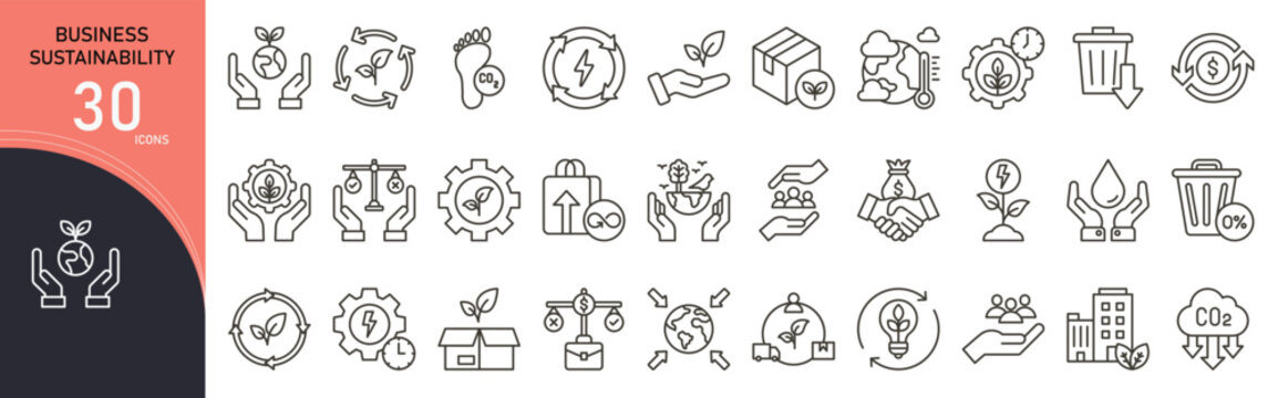 Business sustainability related icon collections. Containing eco, green, growth, environment, energy, recycle, responsibility, ethics, resources, strategy icons. Outline icons. - Powered by Adobe