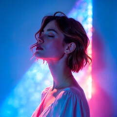 Woman illuminated by vibrant blue and pink light.