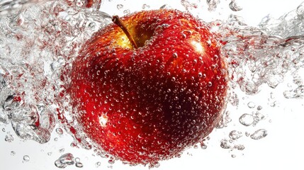 A vibrant red apple submerged in splashing water, creating a dynamic and refreshing visual.