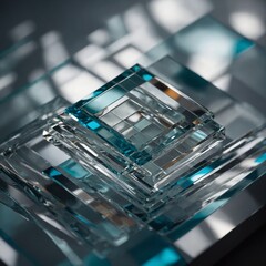 "Macro shot of layered transparent glass sheets arranged in geometric shapes, casting soft shadows and light reflections, minimalist and modern abstract style."