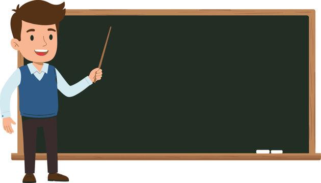 Cartoon teacher pointing at blackboard, educational character illustration, classroom presentation concept, male instructor with pointer stick, blank chalkboard background for learning material