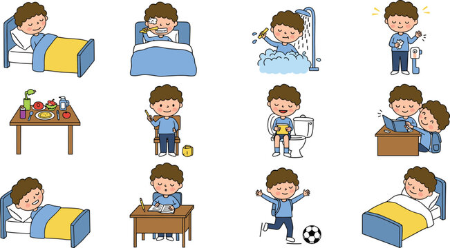 Daily routine of a child, morning to night, cute cartoon illustration, hygiene, eating, studying, sleeping, playing, washing, brushing, learning, animated kids activity chart