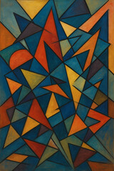 Colorful geometric abstraction features intersecting triangles and polygons in shades of blue, yellow, and orange with black outlines.