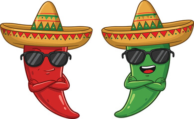 Funny cartoon chili peppers in sombreros and sunglasses, Mexican spice characters, spicy food illustration, cultural fiesta art, humorous vegetable drawing for food party designs