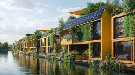 Fototapeta premium Innovative house designs along the serene waterfront. These eco-friendly homes feature solar panels and lush greenery. A vision for sustainable living. Generative AI