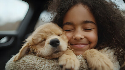 Young girl cuddling dog while mother bying a new car