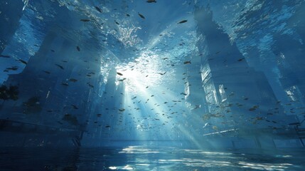 Underwater Scene with Sunlight Filtering Through Water and Fish Swimming