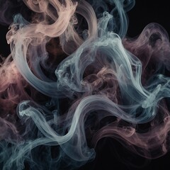 "Realistic abstract smoke waves in soft pastel tones on a dark background, flowing in elegant curves, with depth and gentle lighting highlights."