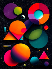 Colorful geometric shapes and circles in space.