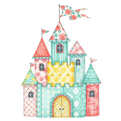 Whimsical Castle Illustration: A charming and colorful illustration of a fanciful castle, evoking a sense of wonder and enchantment with its intricate details and playful design.