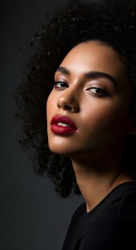 Portrait of a Beautiful Young Woman with Curly Hair and Red Lipstick