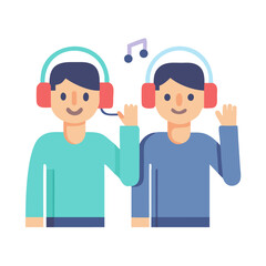 Fototapeta premium Boys listening to music with headphones in colorful vector