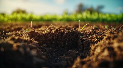 Fototapeta premium Close-up of freshly tilled soil with small green sprouting plants under bright sunlight in agricultural field