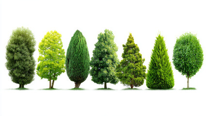 Collection of green trees and shrubs arranged in a row, isolated on a white background, symbolizing summer vegetation