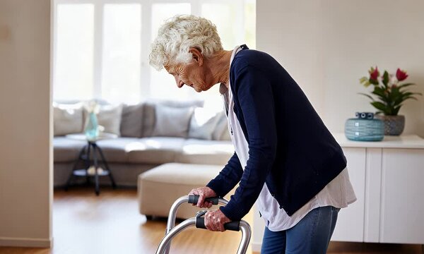 Older woman with walker in home. Bright, airy room with blurred details