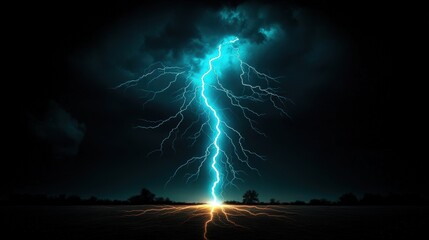 Stunning lightning bolt striking down from dark storm clouds over open landscape du a thunderstorm