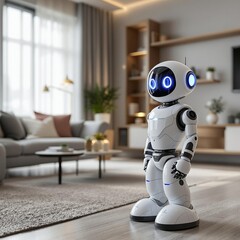 Friendly White Humanoid Robot with Blue Eyes Standing in Modern Living Room with Cozy Decor