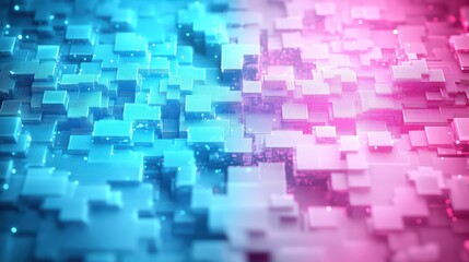 Abstract futuristic digital background with glowing blue and pink 3D cubes and pixelated pattern design