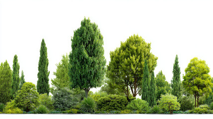 Collection of green trees and shrubs arranged in a row, isolated on a white background, symbolizing summer vegetation